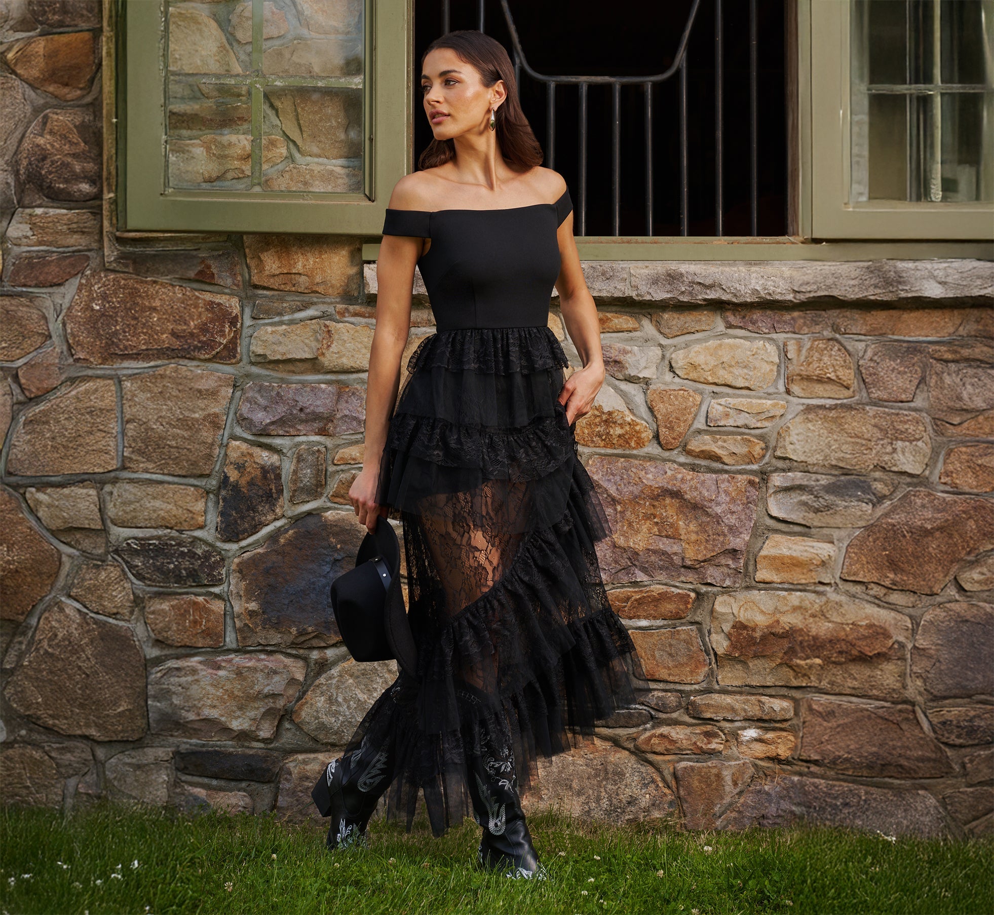 Black Adrianna Papell ADAE212592 Off Shoulder Long Lace Prom Tiered Dress