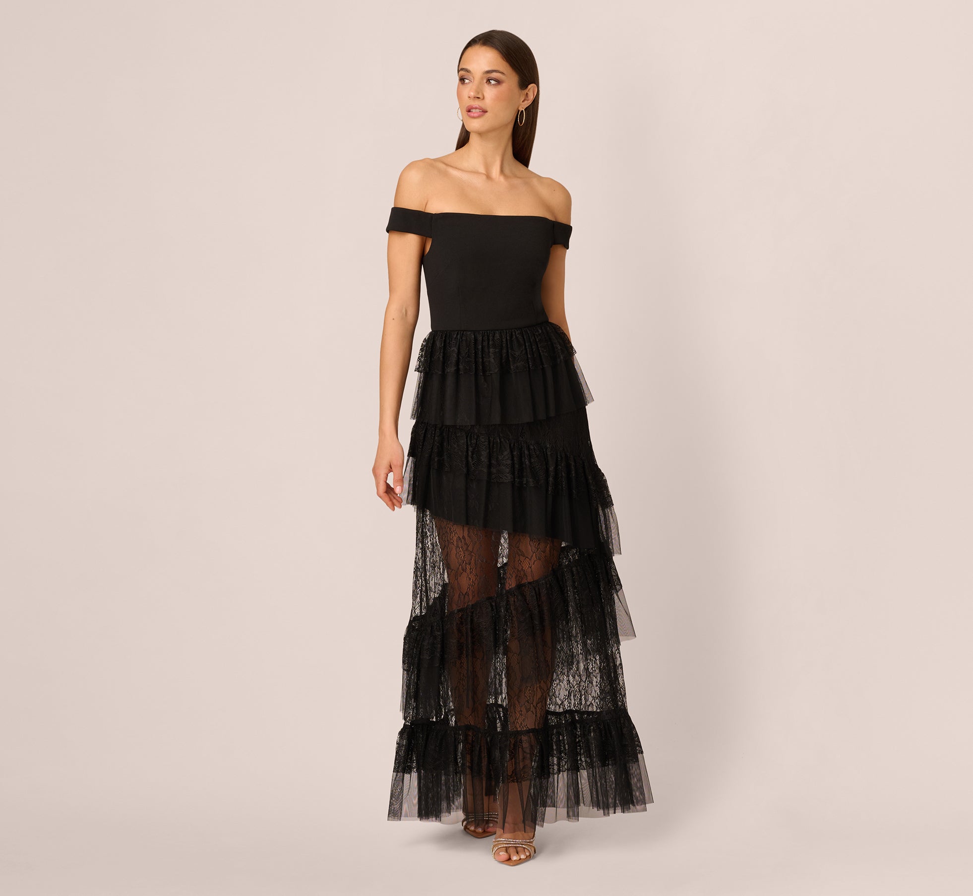 Black Adrianna Papell ADAE212592 Off Shoulder Long Lace Prom Tiered Dress