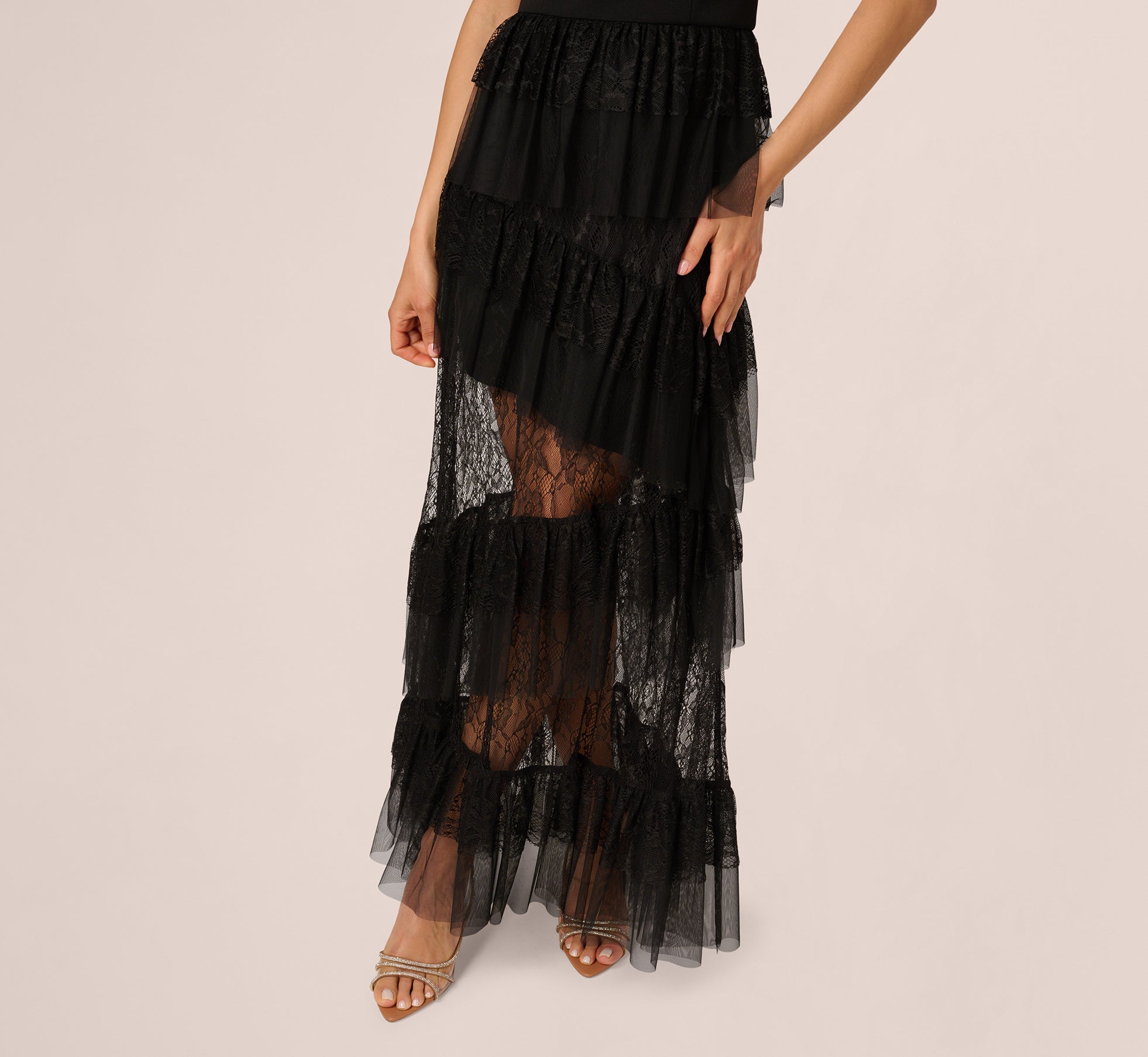Black Adrianna Papell ADAE212592 Off Shoulder Long Lace Prom Tiered Dress