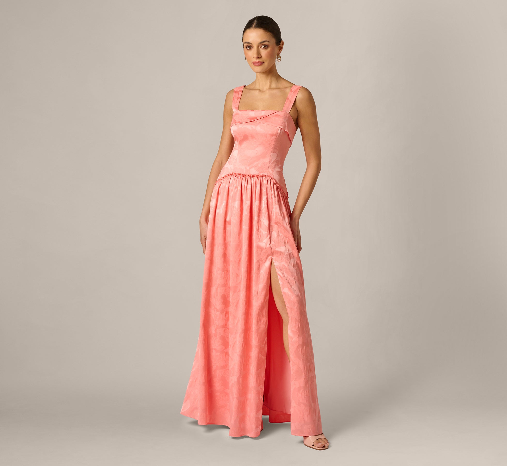 Coastal Sun Adrianna Papell ADAE213091 Square-Neck Floor-Length Jacquard Prom Dress-Floral