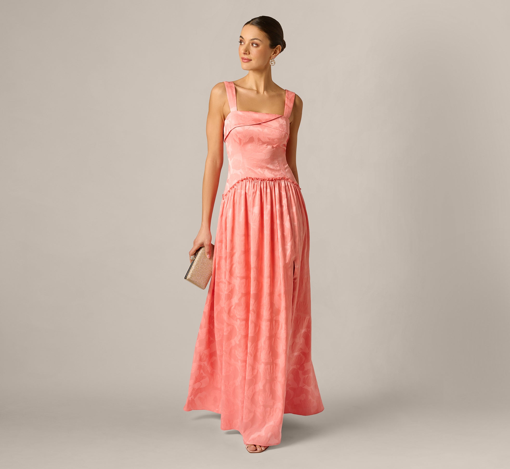 Coastal Sun Adrianna Papell ADAE213091 Square-Neck Floor-Length Jacquard Prom Dress-Floral