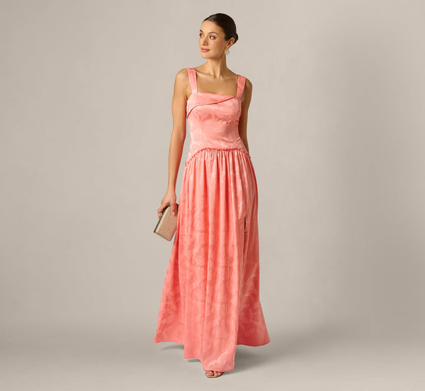 Adrianna Papell ADAE213091 Square-Neck Floor-Length Jacquard Prom Dress-Floral