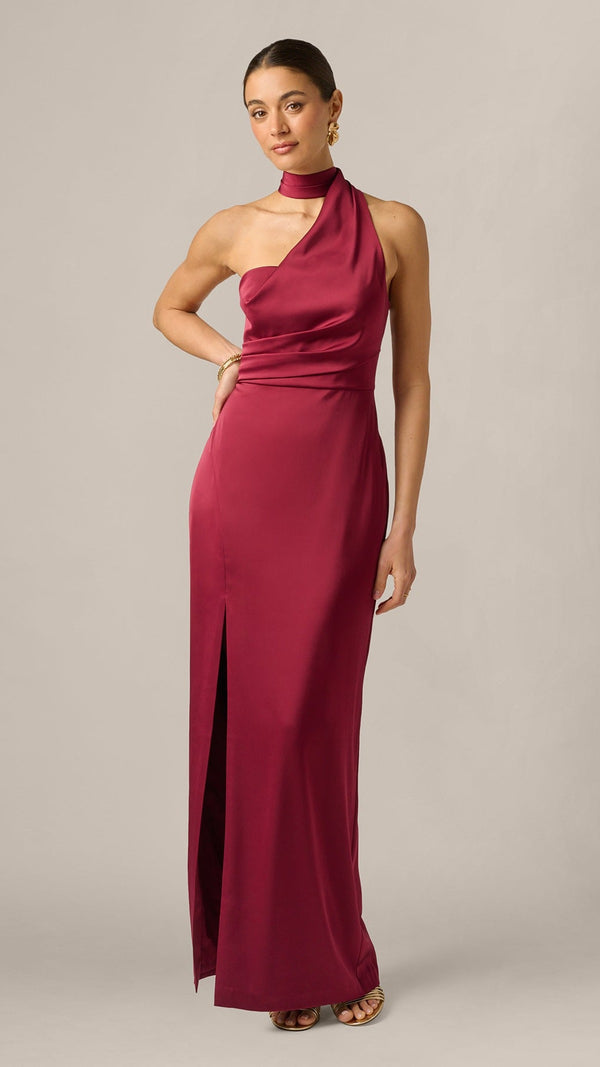 Adrianna Papell 213439 Stretch Satin Asymmetrical Halter Gown