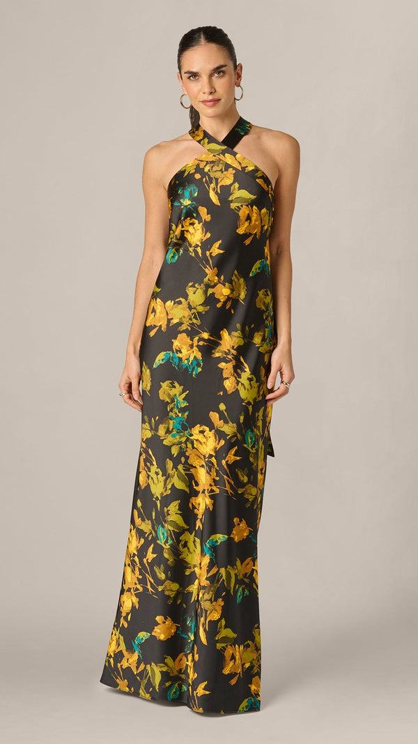 Adrianna Papell 213584 Floral Stretch Satin Scarf Halter Gown