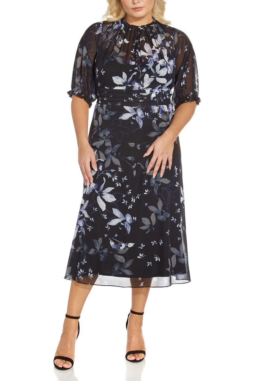 Adrianna Papell AP1D104584 W Short Floral Print Plus Size Midi Dress