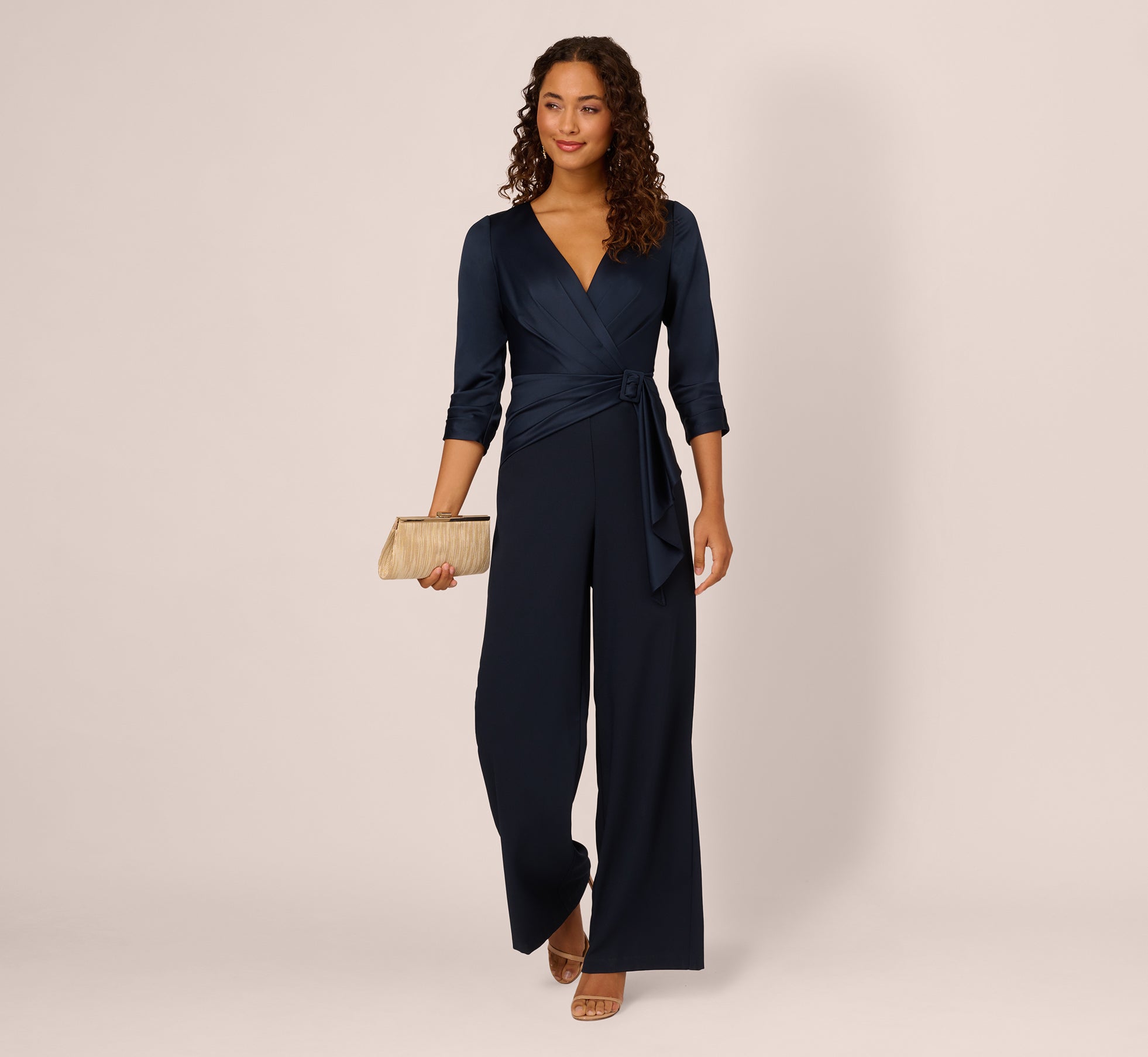Halter Neck Full-Length Satin Crepe Jumpsuit with Buckle Waist Plus Size Adrianna Papell AP1D105207