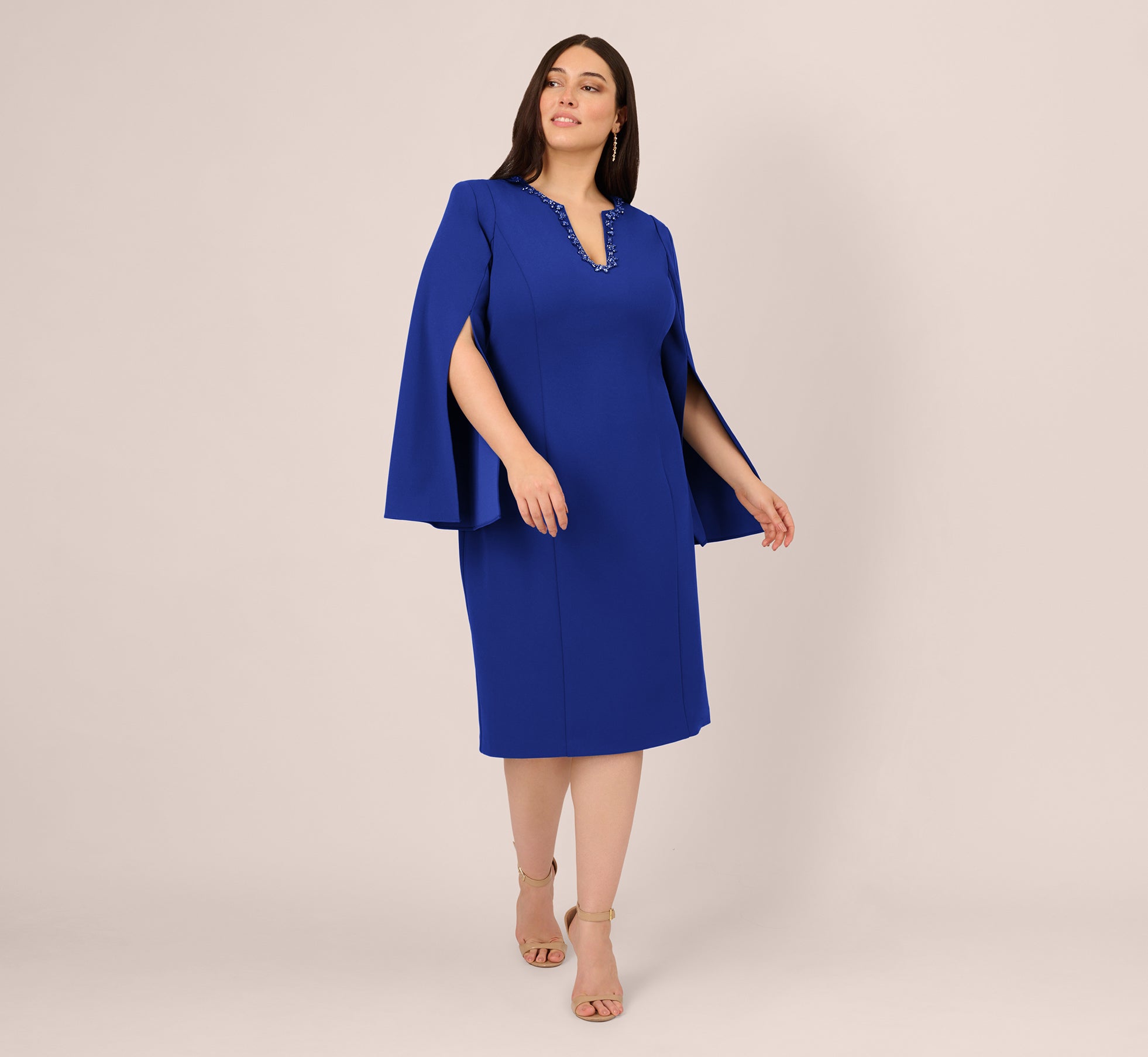 Royal Sapphire Adrianna Papell AP1D105577 V-Neck Knee-Length Crepe Cocktail Dress Split Cape