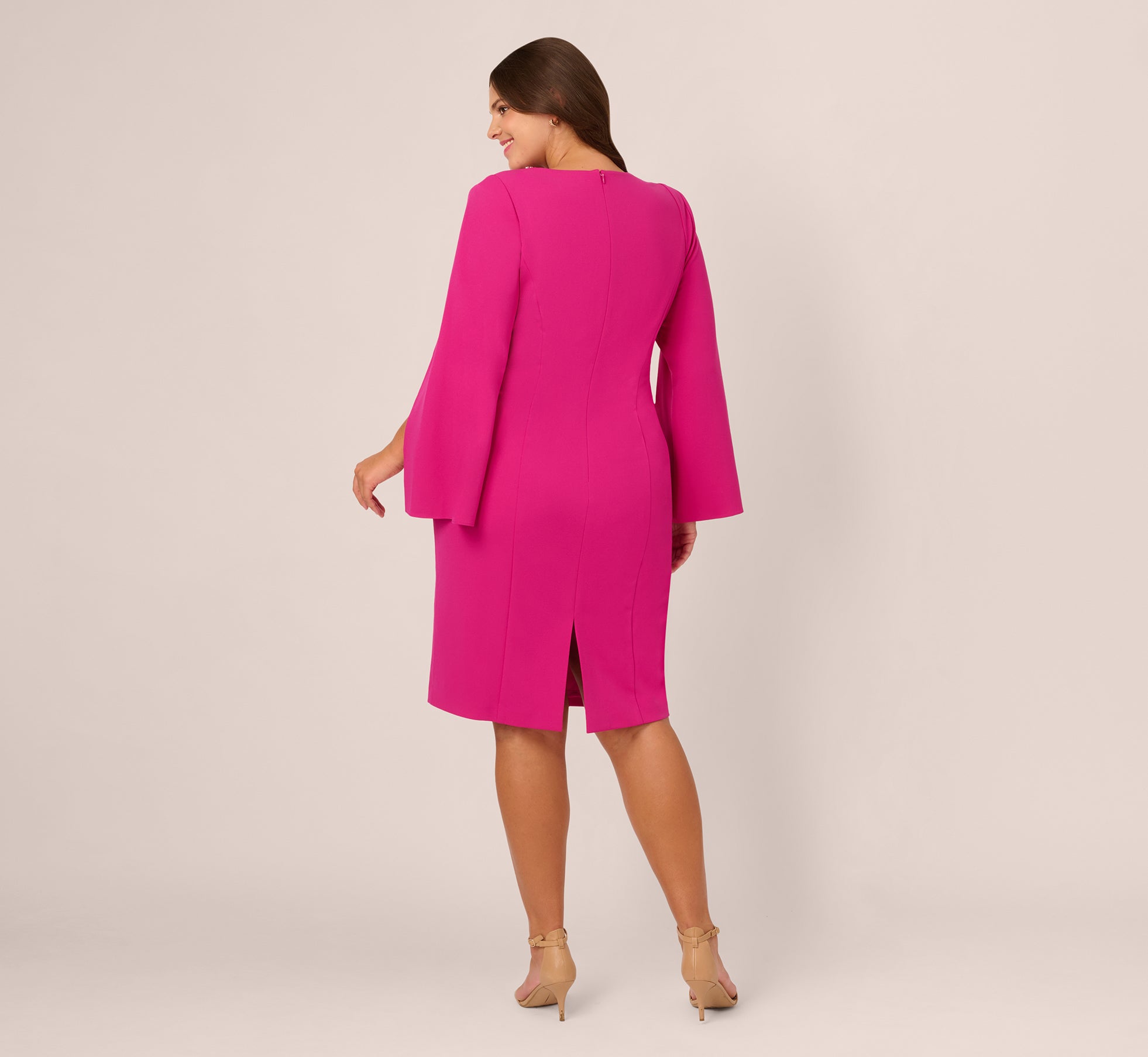 Berry Rose Adrianna Papell AP1D105577 V-Neck Knee-Length Crepe Cocktail Dress Split Cape