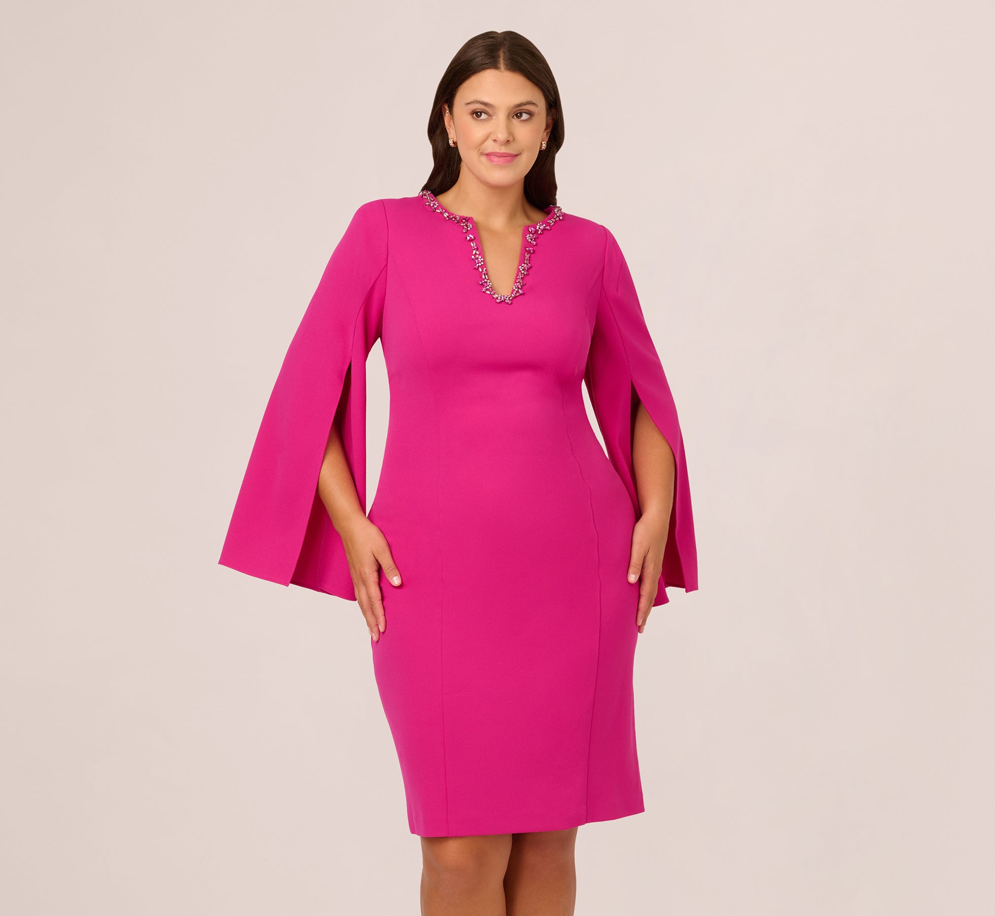 Berry Rose Adrianna Papell AP1D105577 V-Neck Knee-Length Crepe Cocktail Dress Split Cape