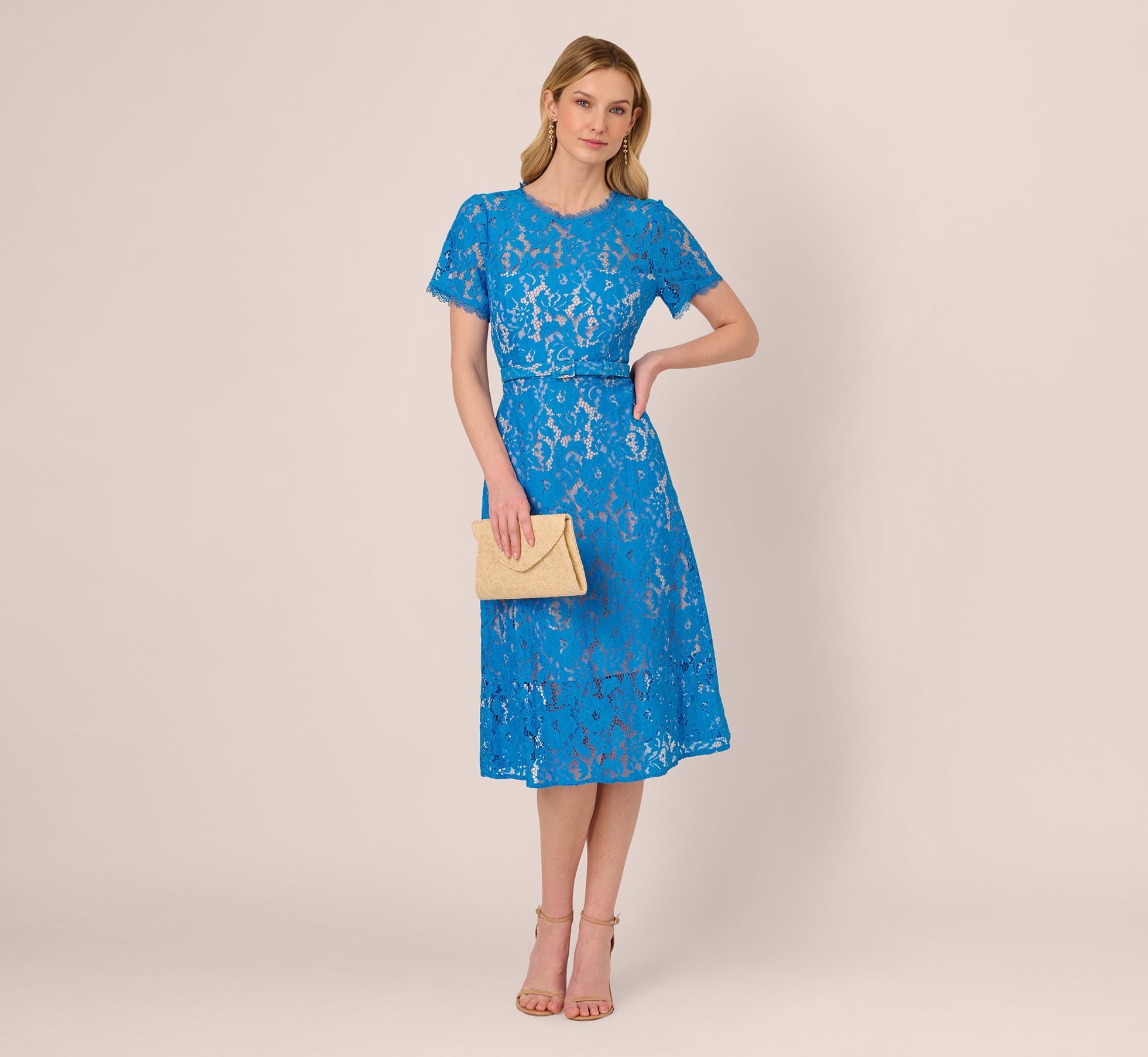 Scoop Neck Knee-Length Lace Gown with Belted Waist Cocktail Dress Adrianna Papell AP1D105764