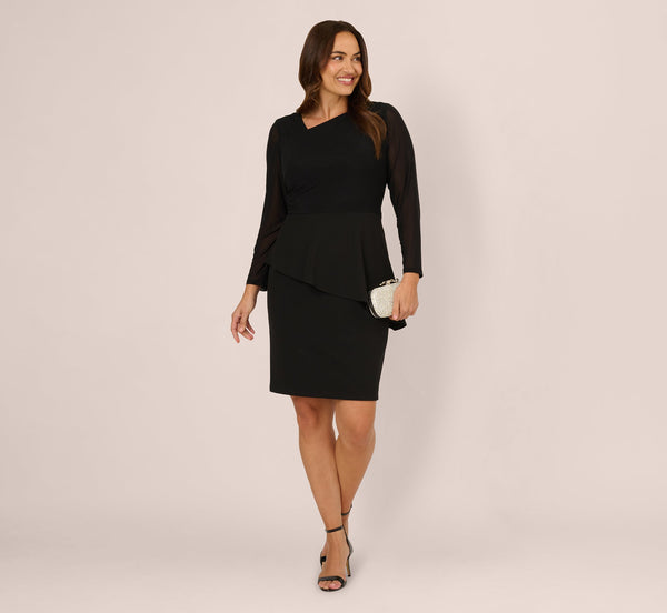 Adrianna Papell AP1D106060 Asymmetric Neck Short Cocktail Dress Mesh Long Sleeve