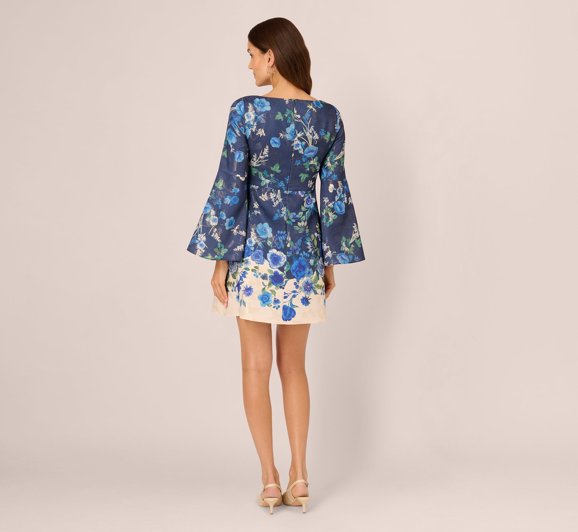 Navy Multi Adrianna Papell AP1D106117 Bateau Short Floral Cocktail Dress Bell Sleeves