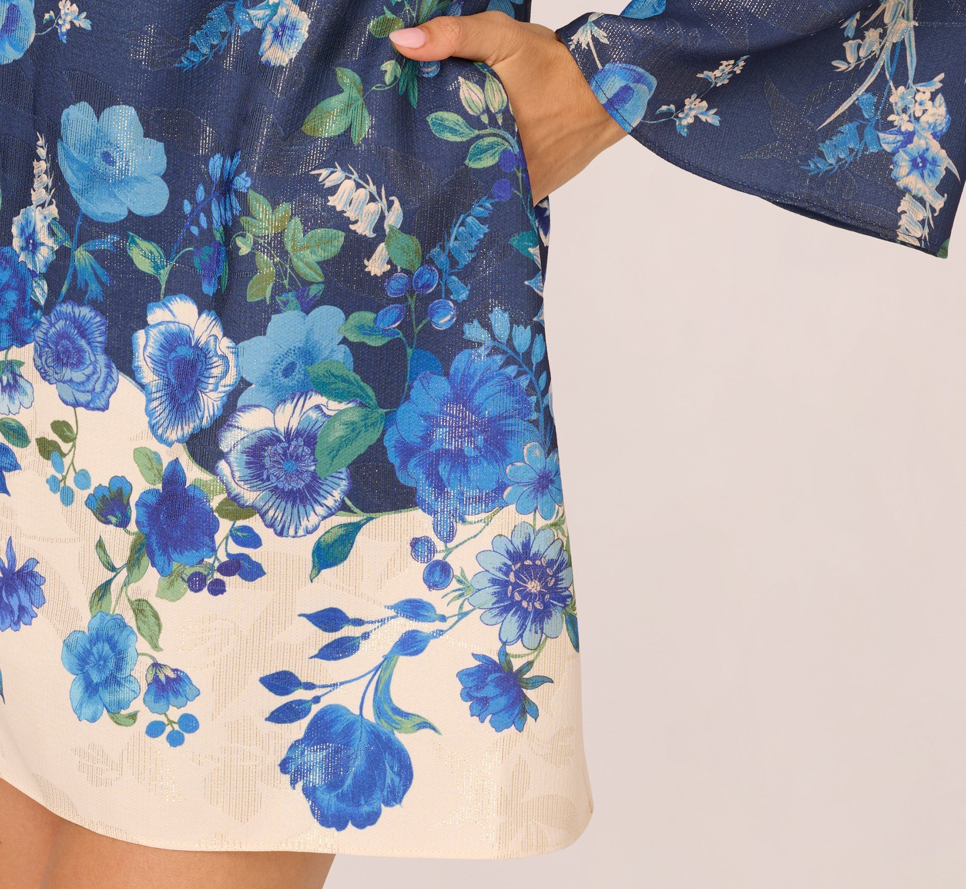 Navy Multi Adrianna Papell AP1D106117 Bateau Short Floral Cocktail Dress Bell Sleeves