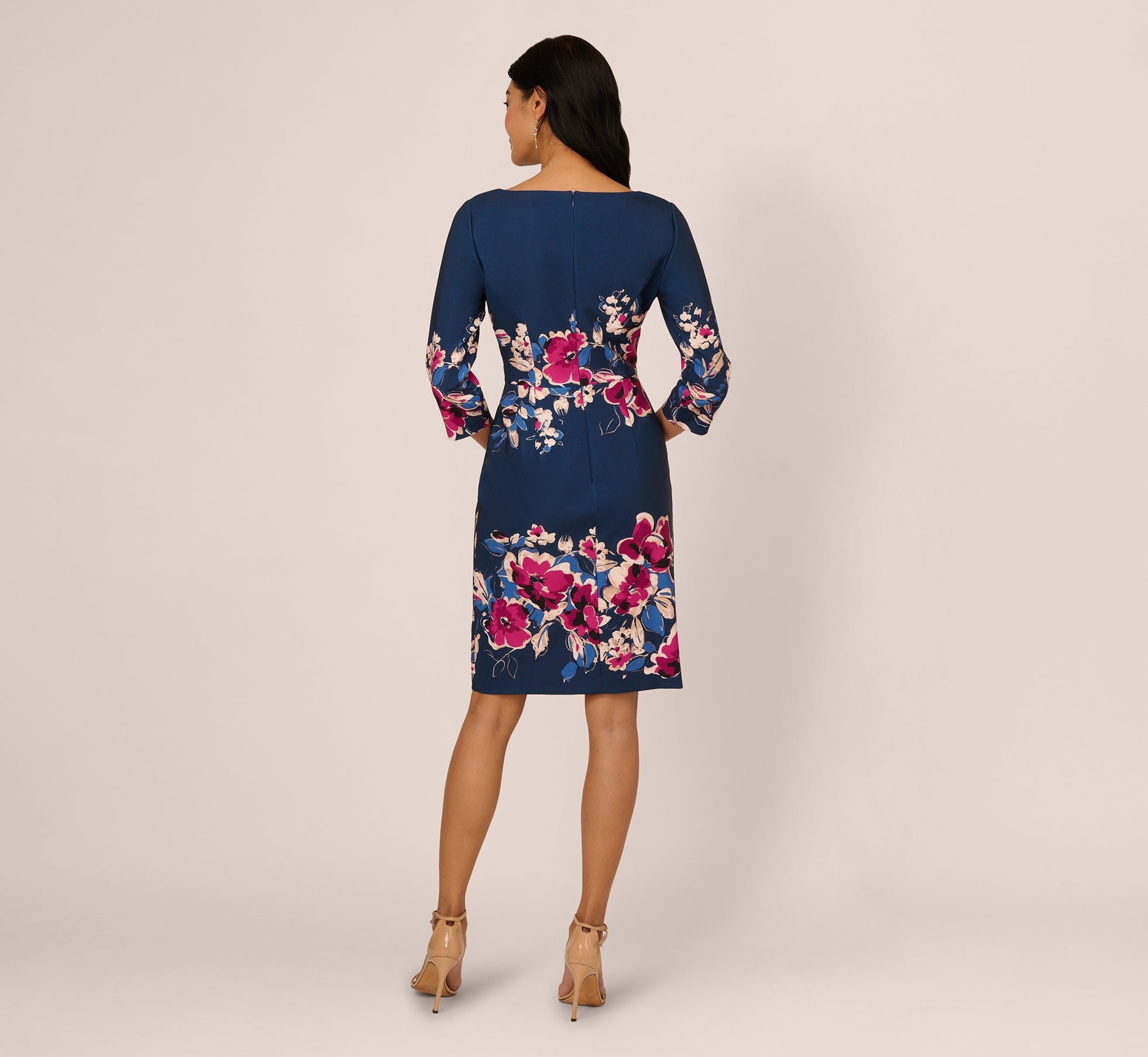 Navy Pink Multi Adrianna Papell AP1D106145 Square-Neck Short Floral Cocktail Dress 3/4 Sleeves