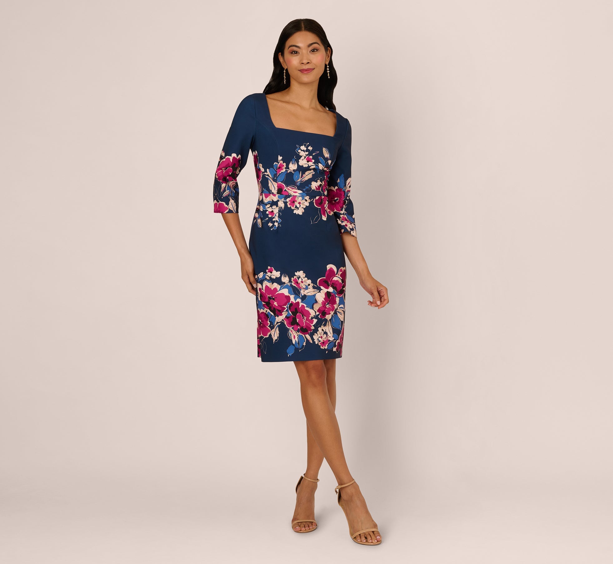 Three Quarter Sleeve Floral Sheath Dress In Navy Pink Multi, Navy/Pink Multi / Regular / 18