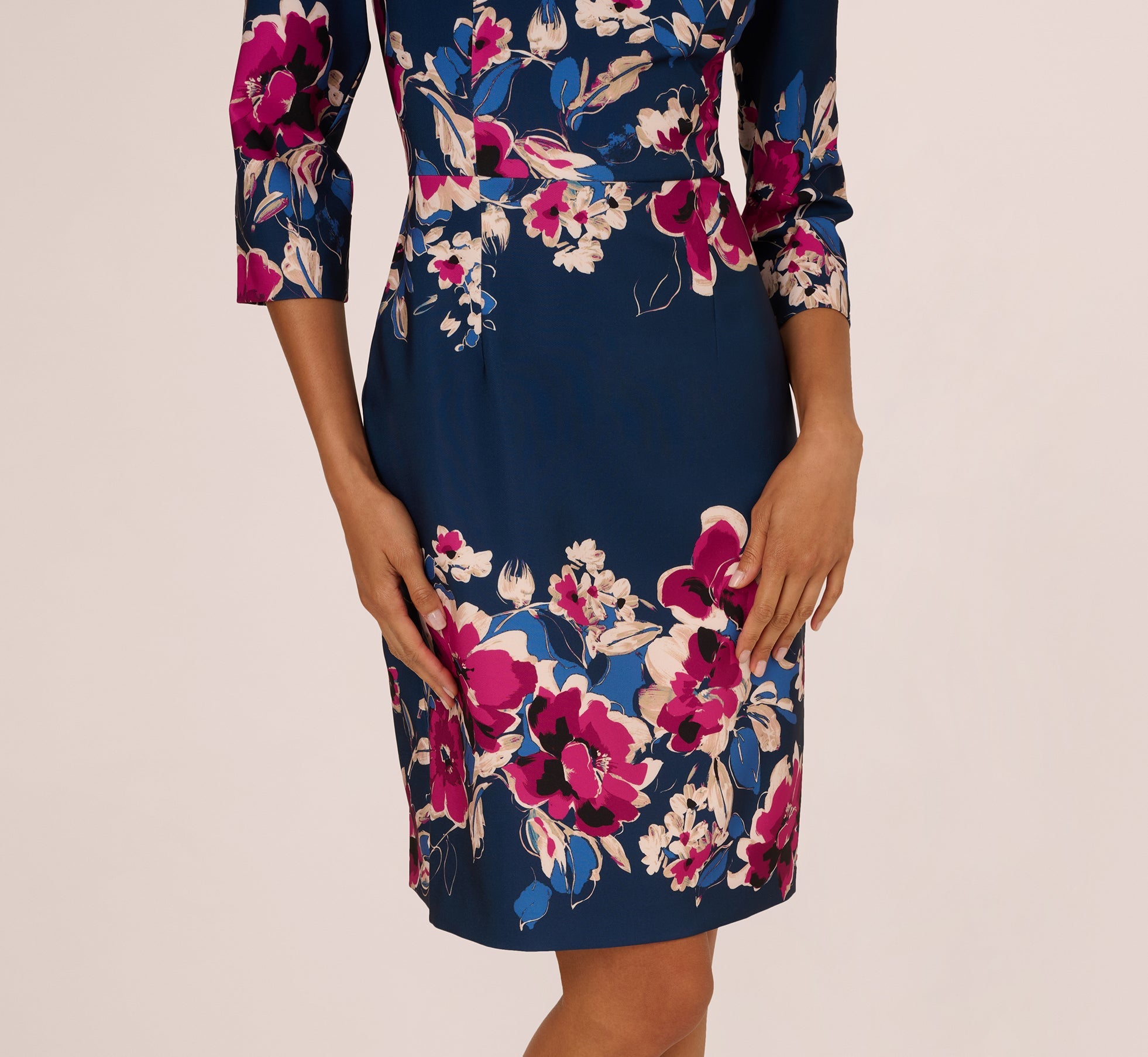 Navy Pink Multi Adrianna Papell AP1D106145 Square-Neck Short Floral Cocktail Dress 3/4 Sleeves