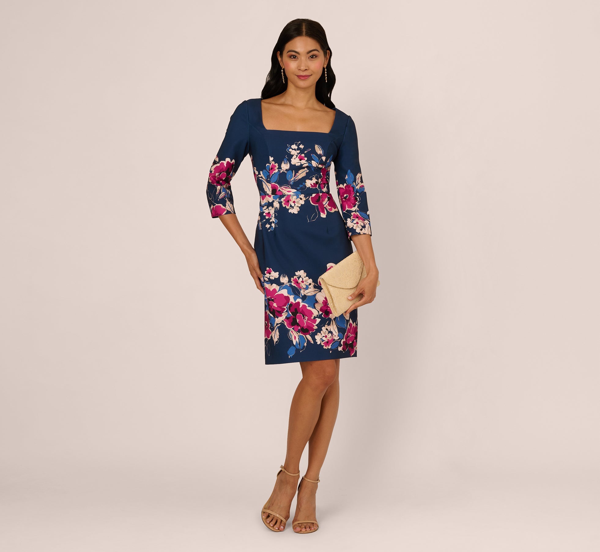 Navy Pink Multi Adrianna Papell AP1D106145 Square-Neck Short Floral Cocktail Dress 3/4 Sleeves