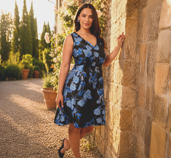 Adrianna Papell AP1D106465 V-Neck Knee-Length Jacquard Cocktail Dress Fit & Flare