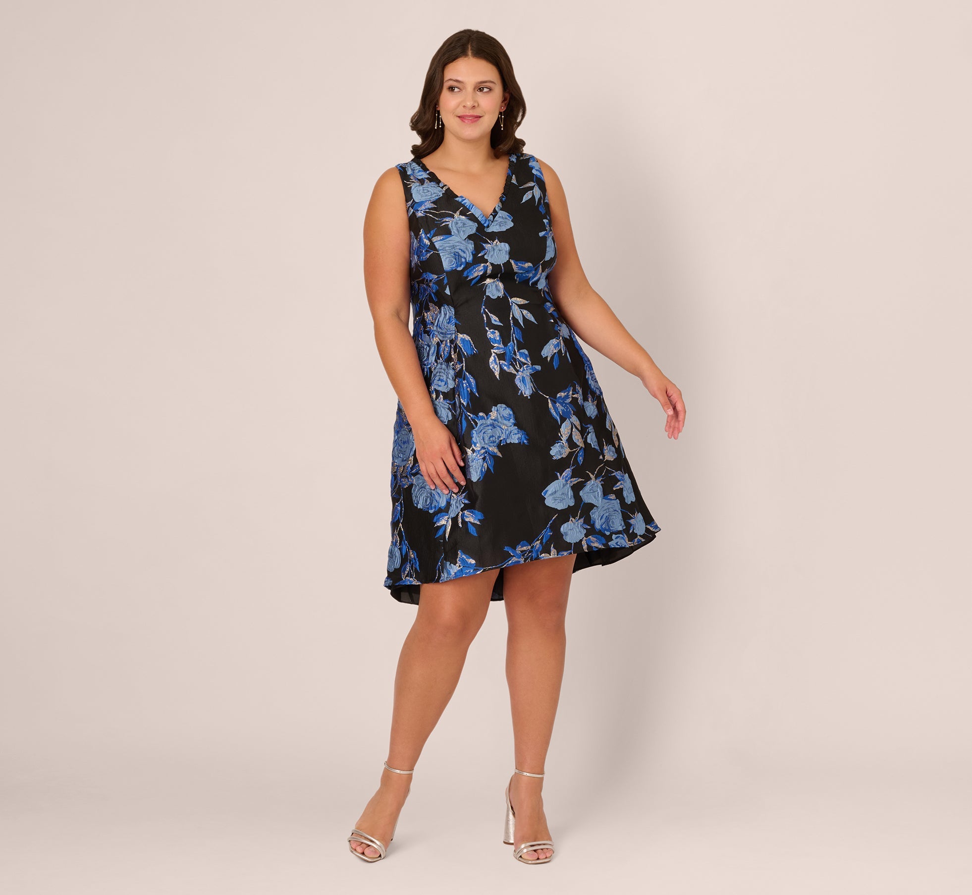 Blue Black Multi Adrianna Papell AP1D106465 V-Neck Knee-Length Jacquard Cocktail Dress Fit & Flare