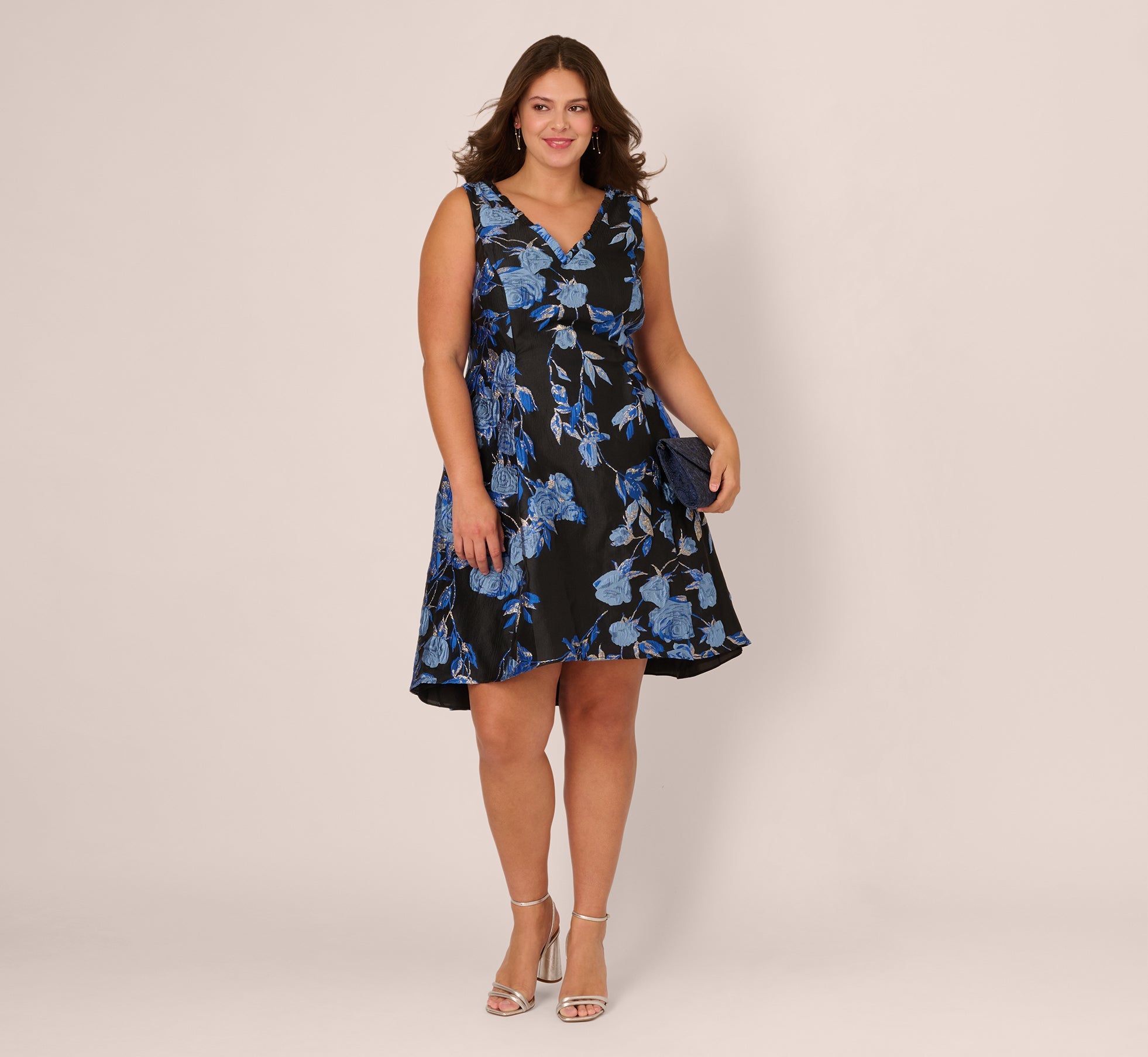 Blue Black Multi Adrianna Papell AP1D106465 V-Neck Knee-Length Jacquard Cocktail Dress Fit & Flare