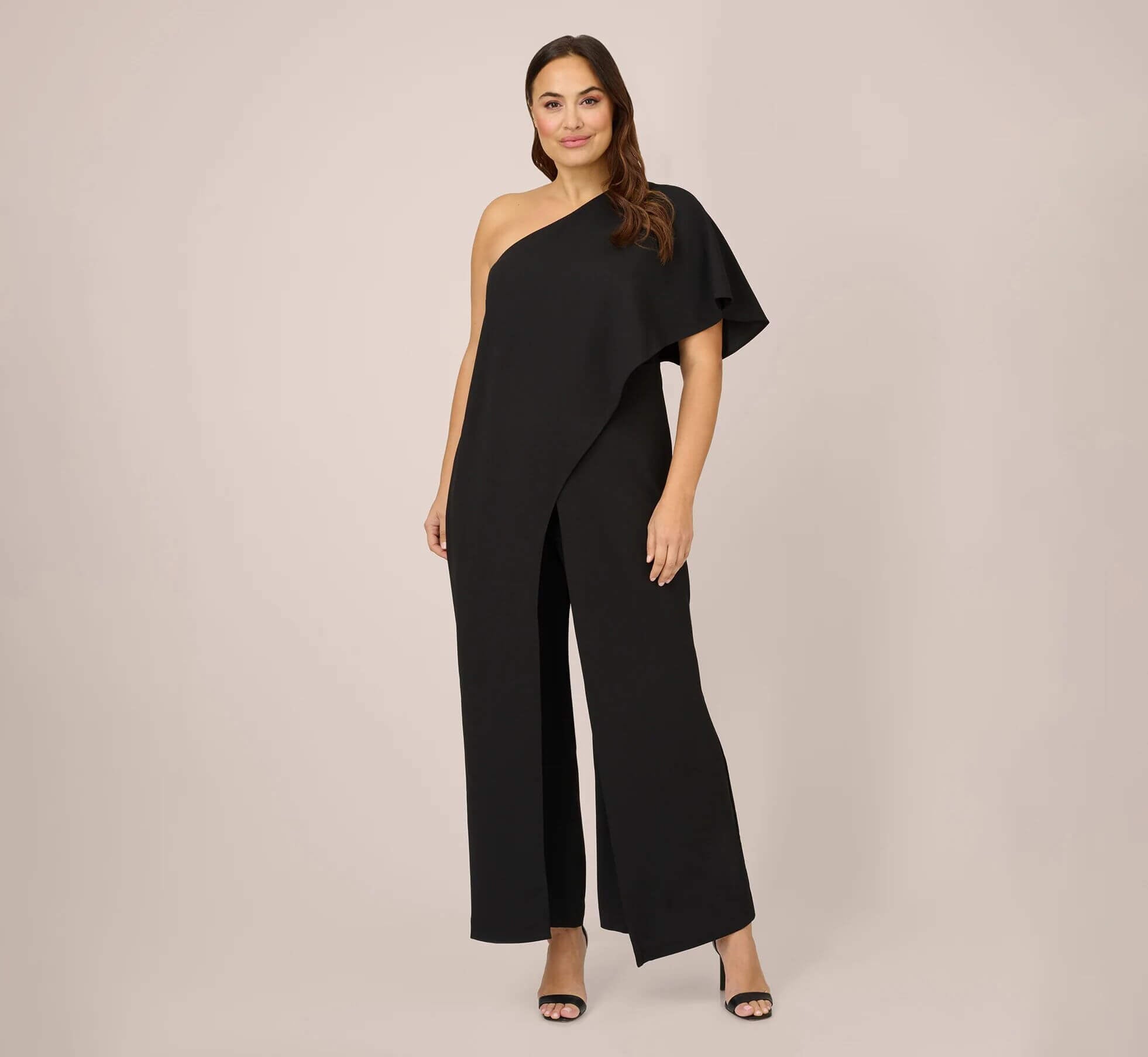 Black One Shoulder Floor Length Crepe Formal Jumpsuit with Flutter Overlay Adrianna Papell AP1E201788
