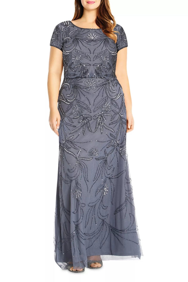 Bateau Floor-Length Mesh Formal Sheath Gown Beaded Embroidery Adrianna Papell AP1E207604