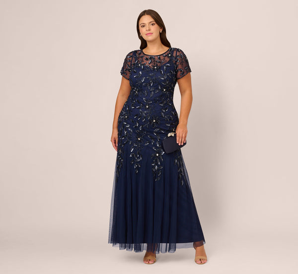 Bateau Floor-Length Mesh Formal A-Line Gown Hand Beaded Embroidery Adrianna Papell AP1E208349