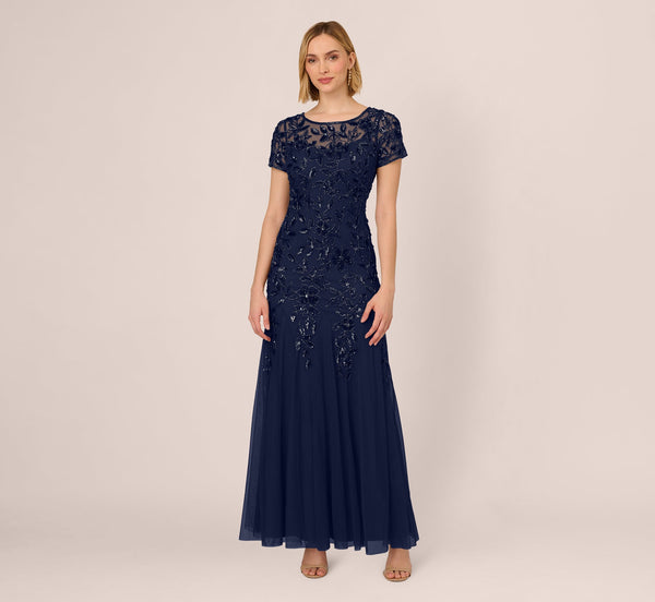 llusion Jewel Neck Floor-Length Mesh Formal Beaded Floral Appliqué Dress Adrianna Papell AP1E208350