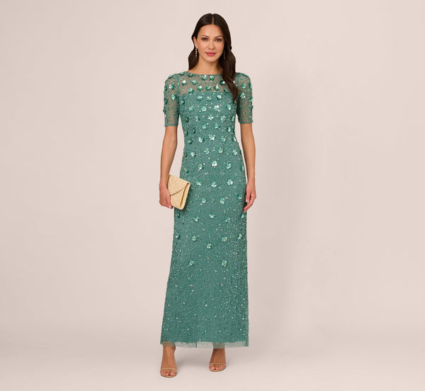 Adrianna Papell AP1E209314 Long Mesh Beaded Applique Formal Dress