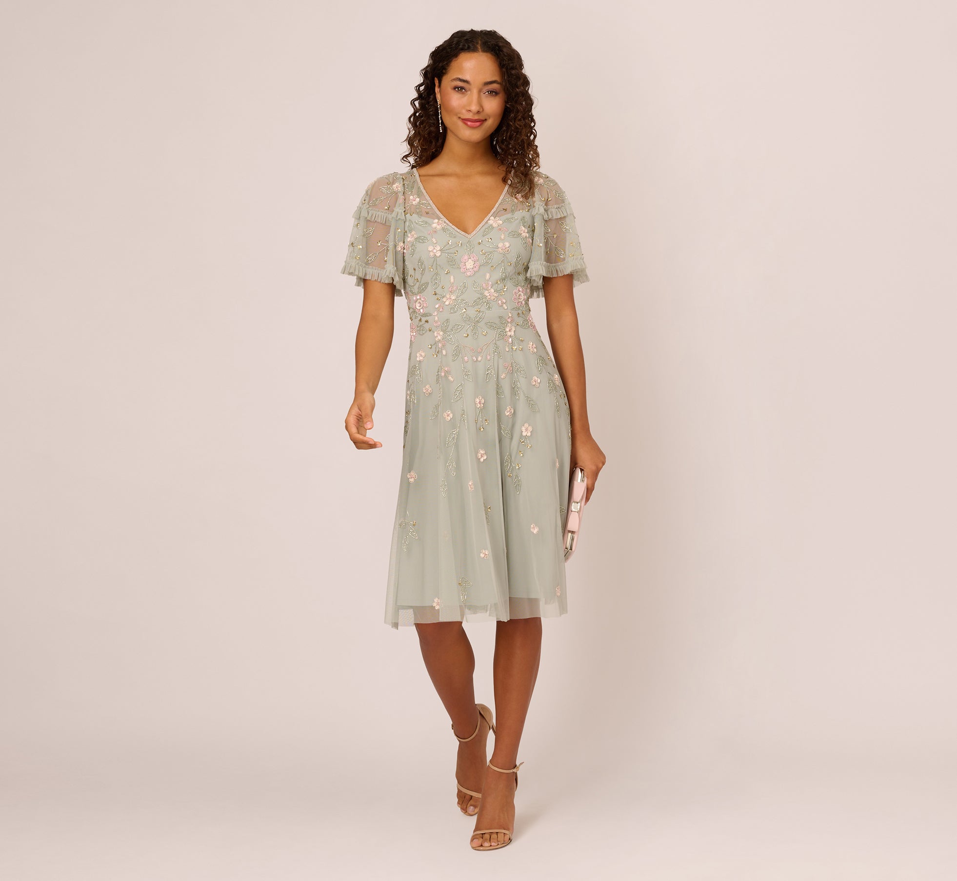 Adrianna Papell AP1E209508 Short Ruffled Beaded Midi Dress