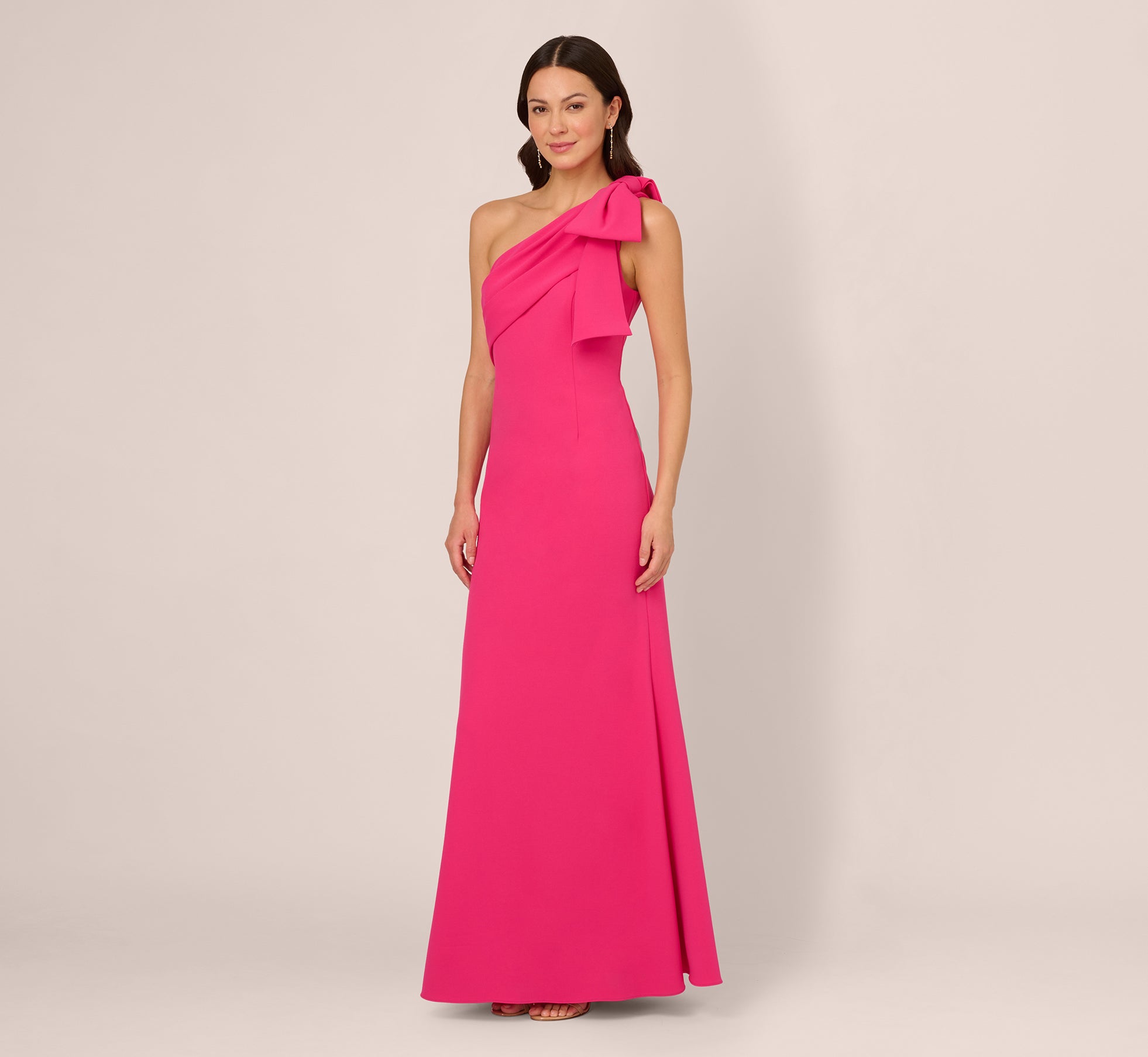 Hot Pink Adrianna Papell AP1E210970 One-Shoulder Long Crepe Formal Bow Gown