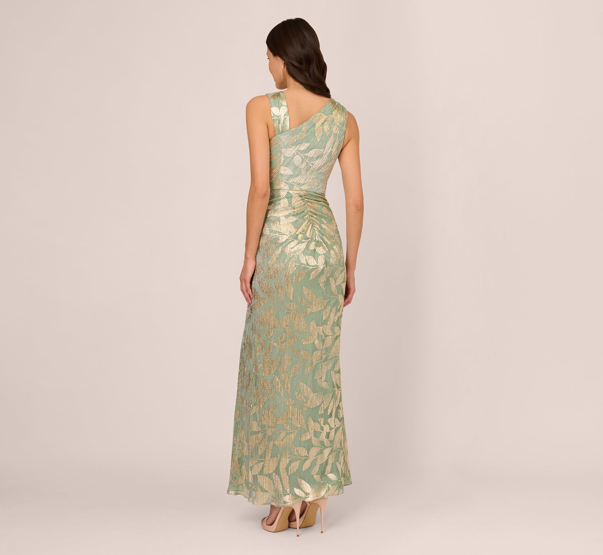 Sage Gold Adrianna Papell AP1E211044 Asymmetrical Long Metallic Jacquard Formal Slit Gown