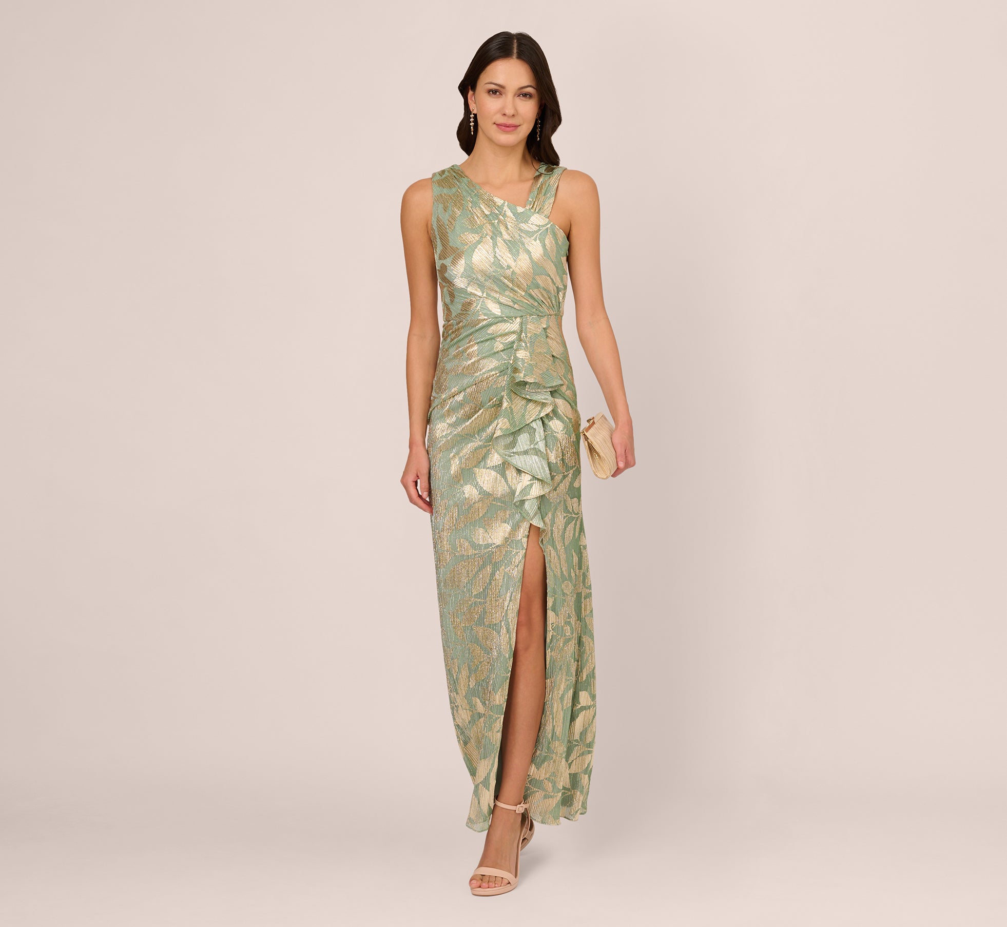 Sage Gold Adrianna Papell AP1E211044 Asymmetrical Long Metallic Jacquard Formal Slit Gown