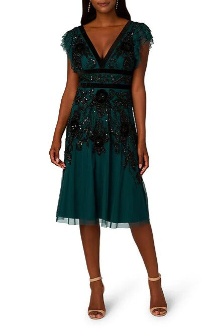Adrianna Papell AP1E211437 Short Beaded Velvet Cocktail Midi Dress
