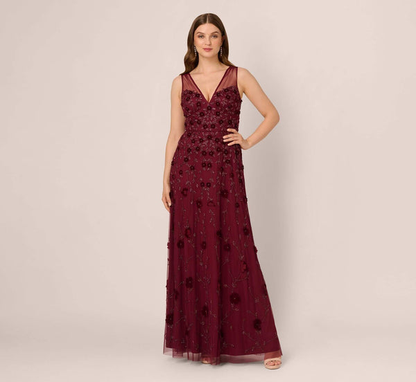 V Neck Floor Length Velvet Formal Beaded Gown with Sheer Tank Straps Adrianna Papell AP1E211438