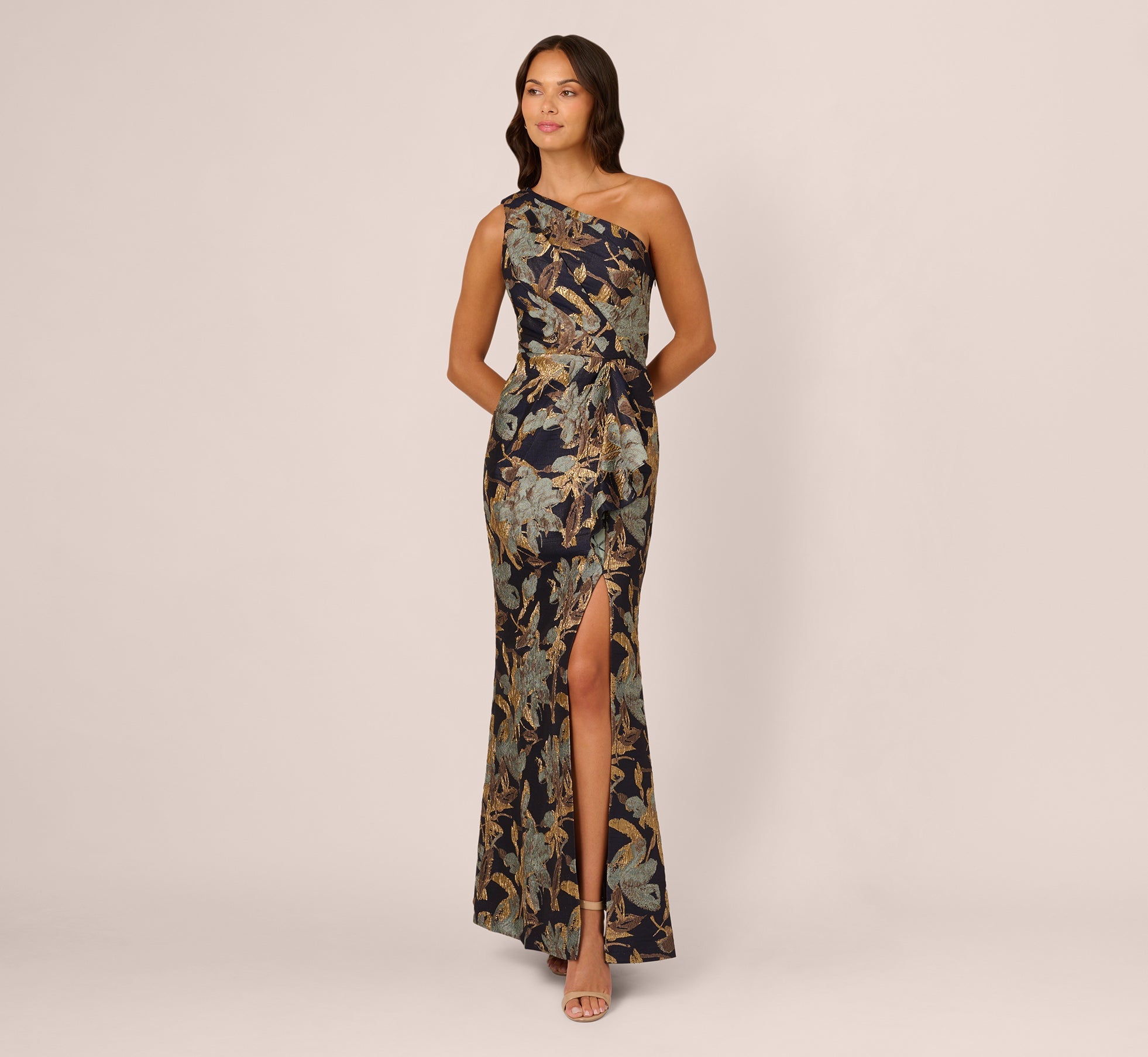 Blue Gold Adrianna Papell AP1E211592 One-Shoulder Long Jacquard Formal Floral Gown
