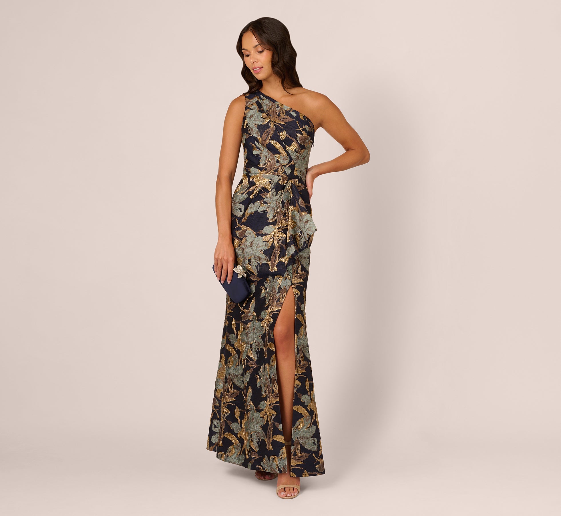 Blue Gold Adrianna Papell AP1E211592 One-Shoulder Long Jacquard Formal Floral Gown