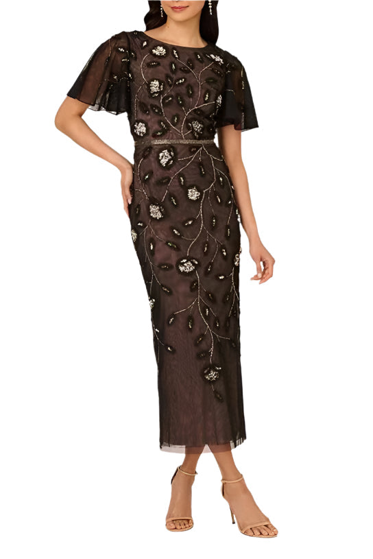 Adrianna Papell AP1E211670 Beaded Formal Sequin Tea Length Dress