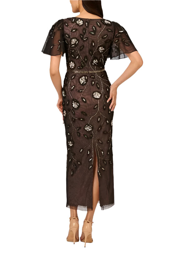 Adrianna Papell AP1E211670 Beaded Formal Sequin Tea Length Dress