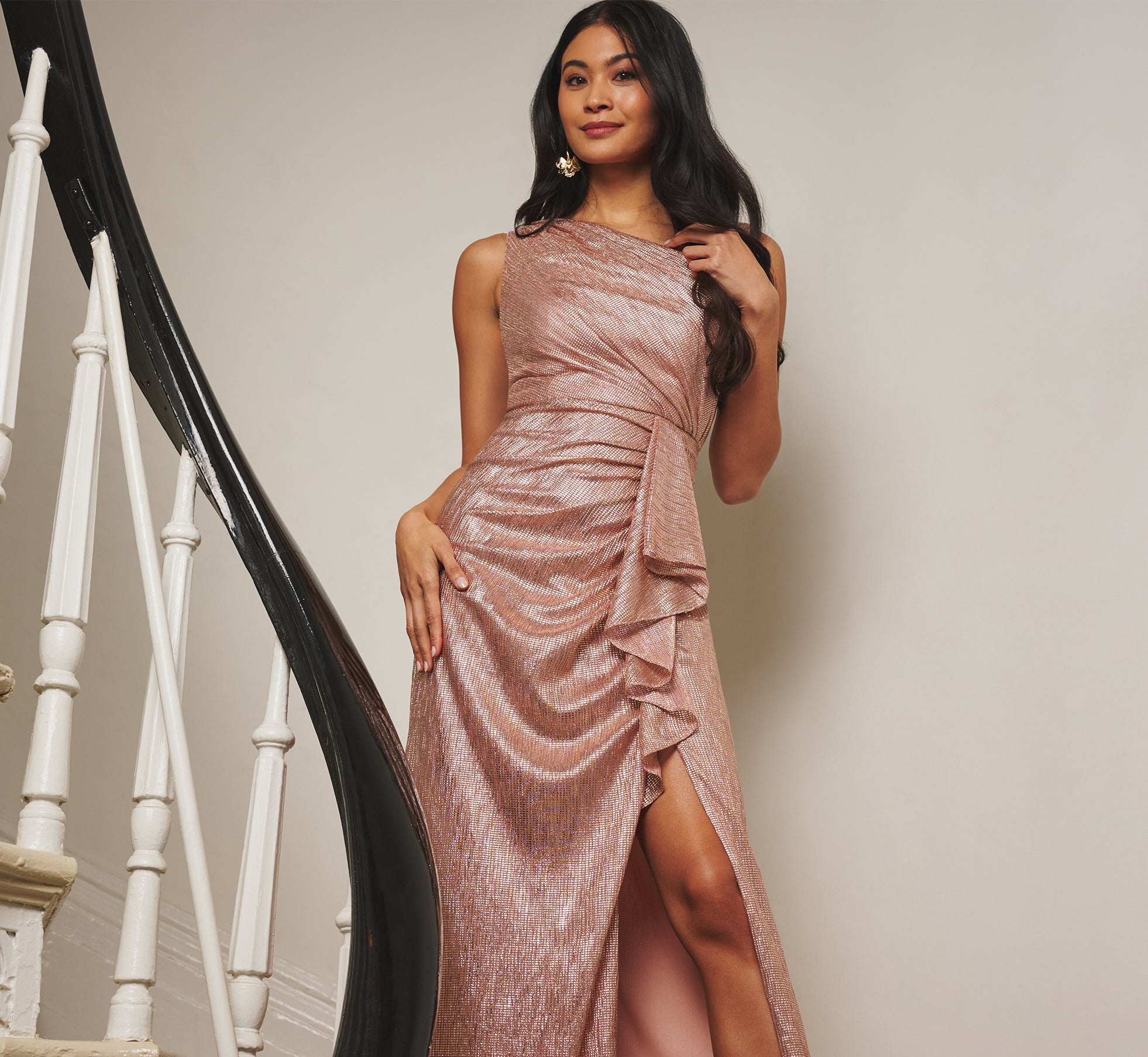 Rose Gold Adrianna Papell AP1E211804 One-Shoulder Long Metallic Gown Ruffle and Slit