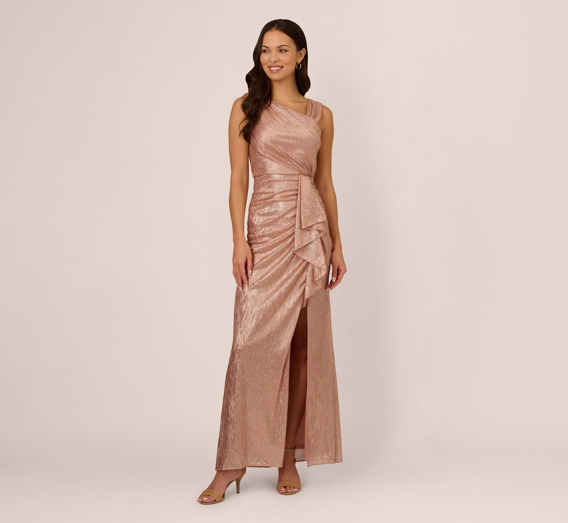 Rose Gold Adrianna Papell AP1E211804 One-Shoulder Long Metallic Gown Ruffle and Slit