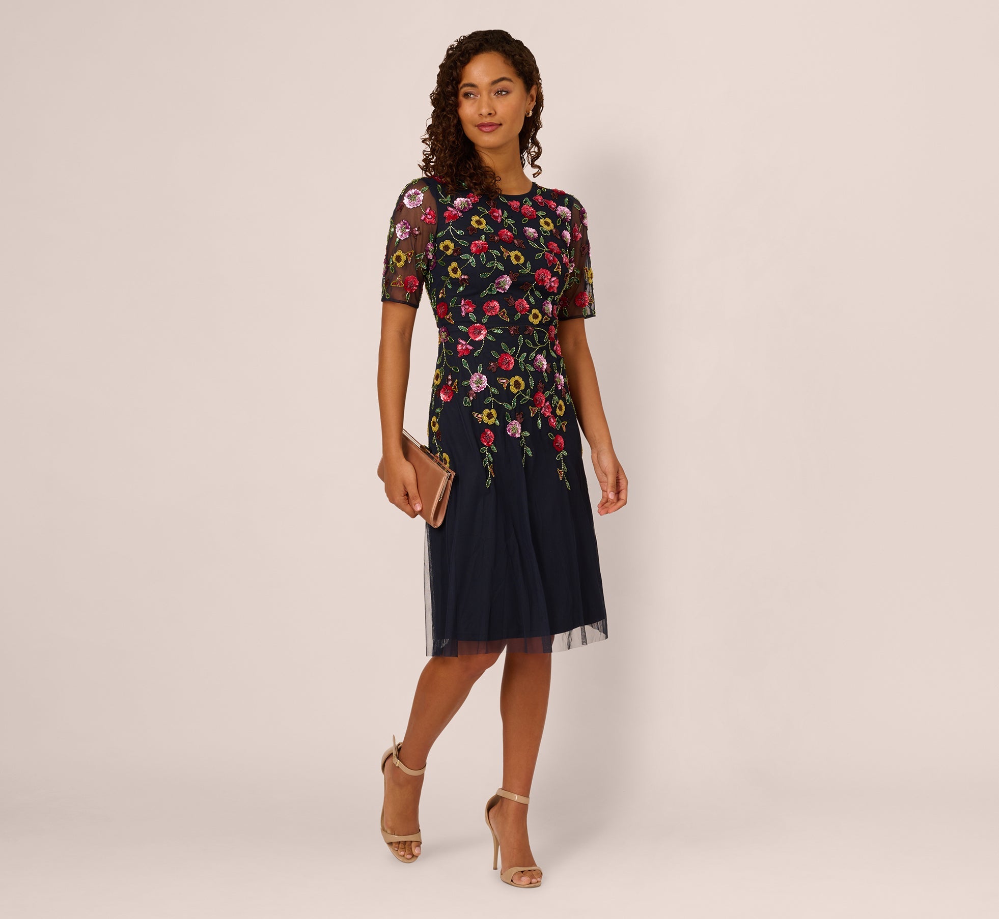 Short-Sleeve Floral Beaded Midi Dress Adrianna Papell AP1E211841