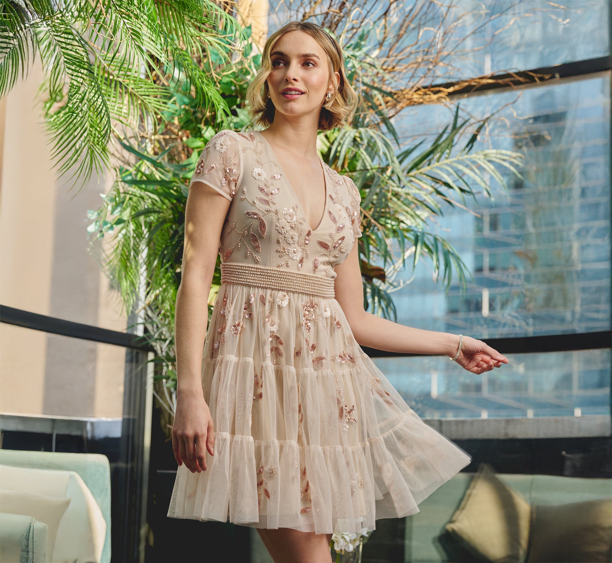 Pale Pink Adrianna Papell AP1E212038 V-Neck Mini Tulle Cocktail Beaded Dress