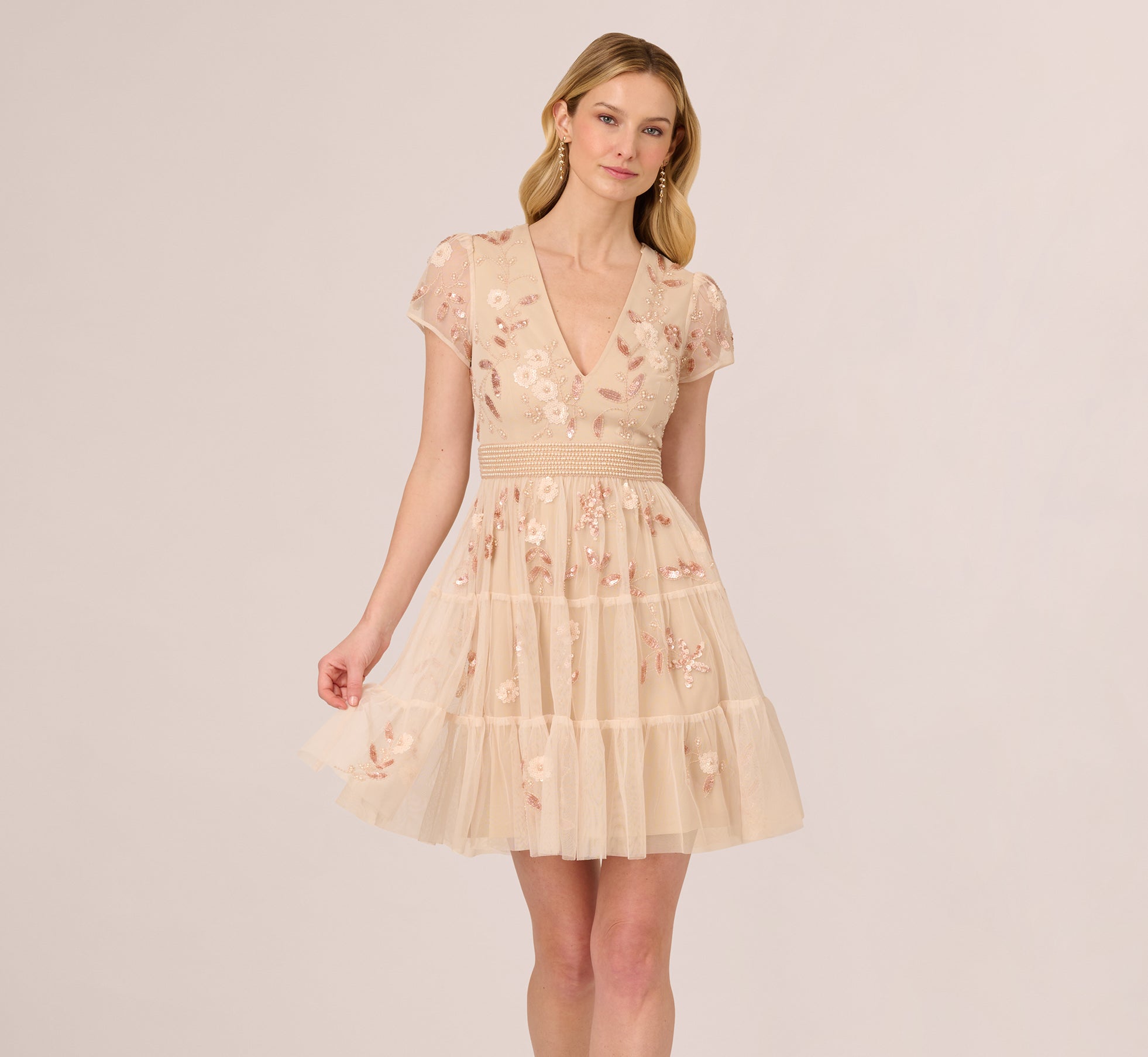 Pale Pink Adrianna Papell AP1E212038 V-Neck Mini Tulle Cocktail Beaded Dress