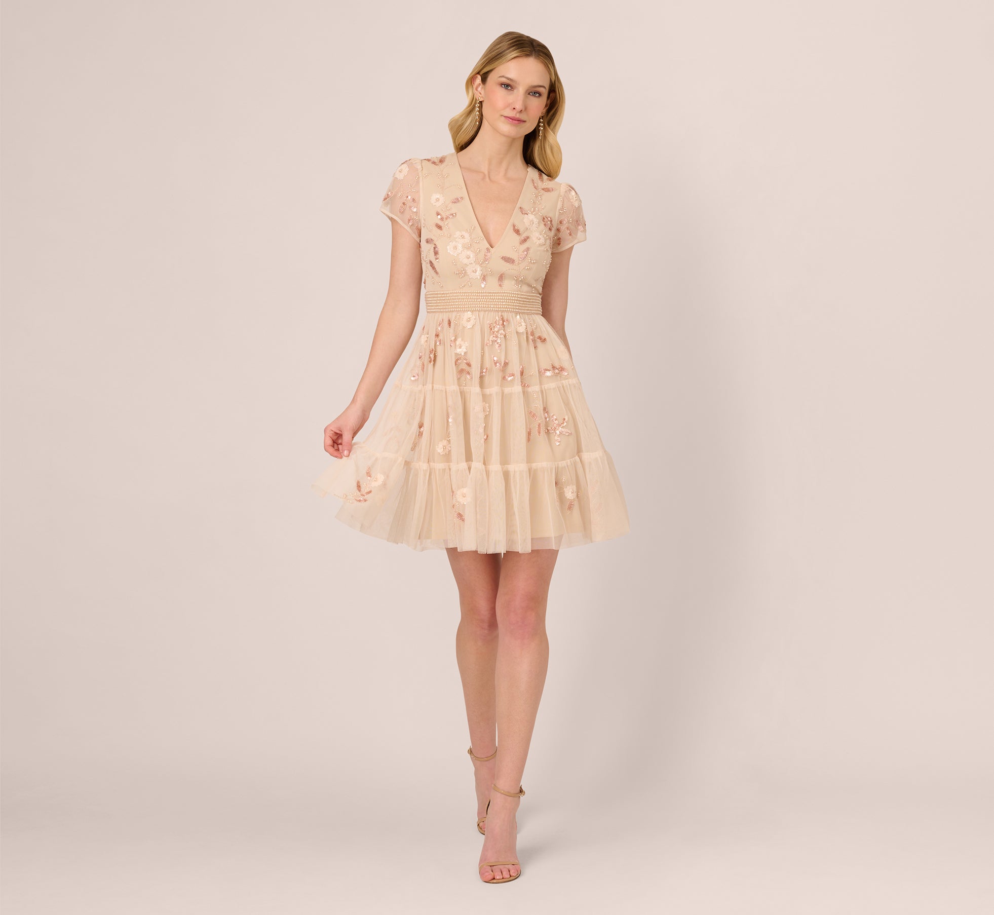 Pale Pink Adrianna Papell AP1E212038 V-Neck Mini Tulle Cocktail Beaded Dress