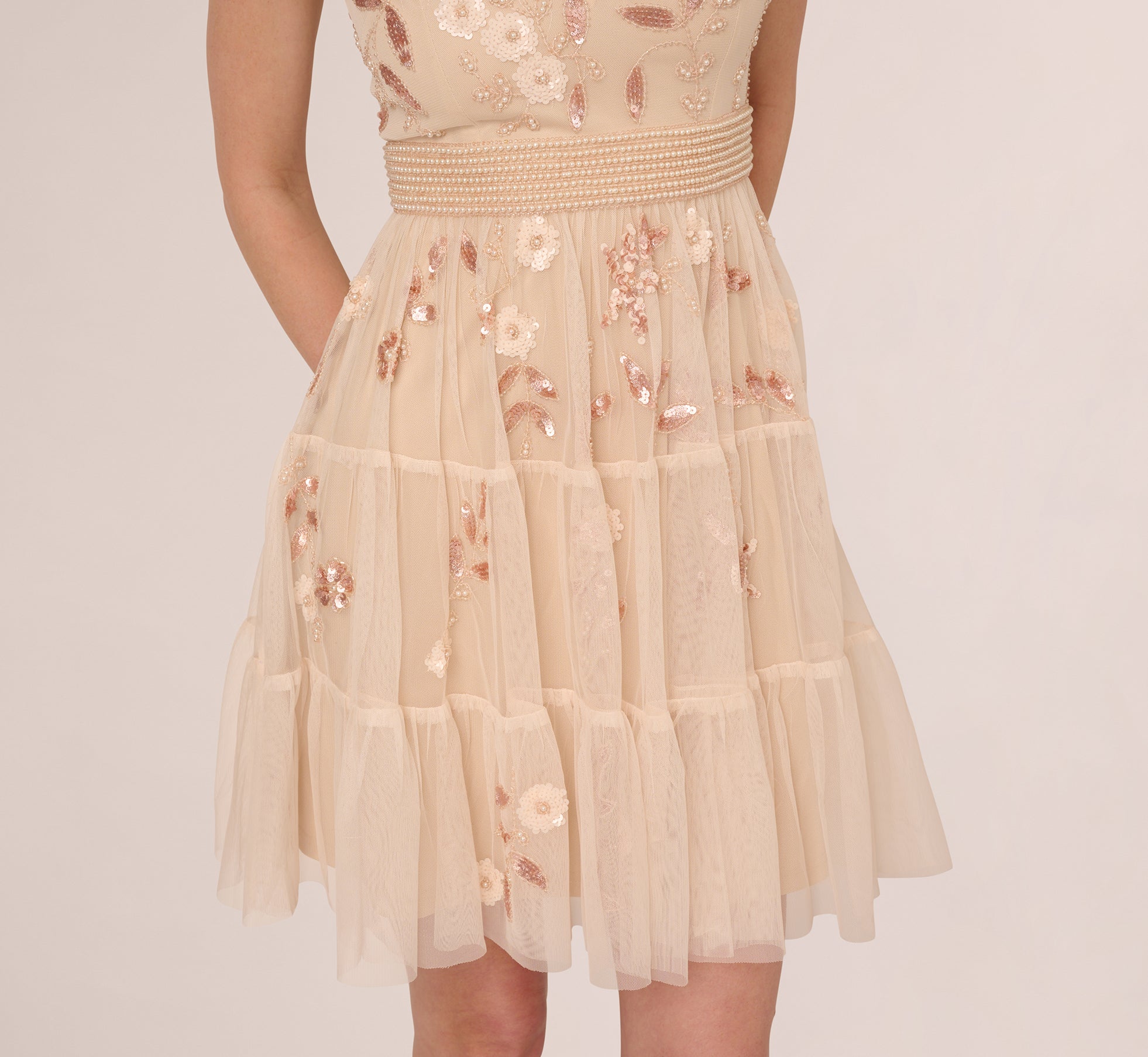 Pale Pink Adrianna Papell AP1E212038 V-Neck Mini Tulle Cocktail Beaded Dress
