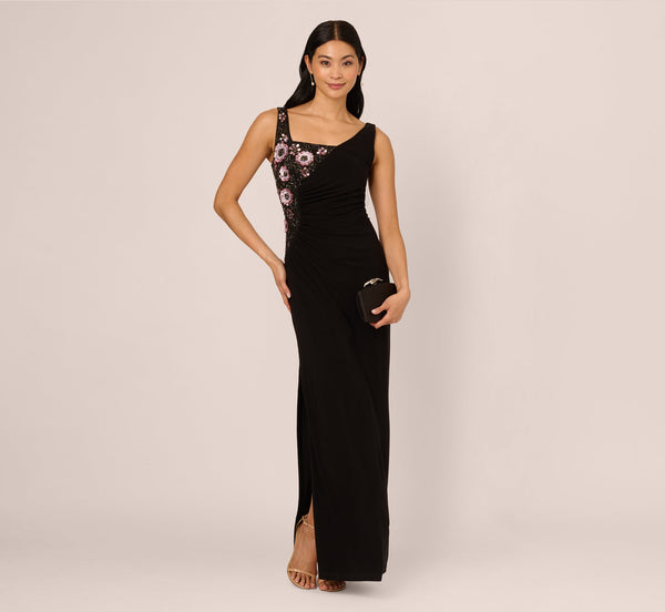 Sleeveless Floor-Length Jersey Formal Sheath Dress Floral Applique Adrianna Papell AP1E212161