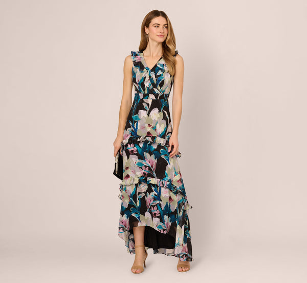 Adrianna Papell AP1E212185 High Low Floral Chiffon Ruffle Dress