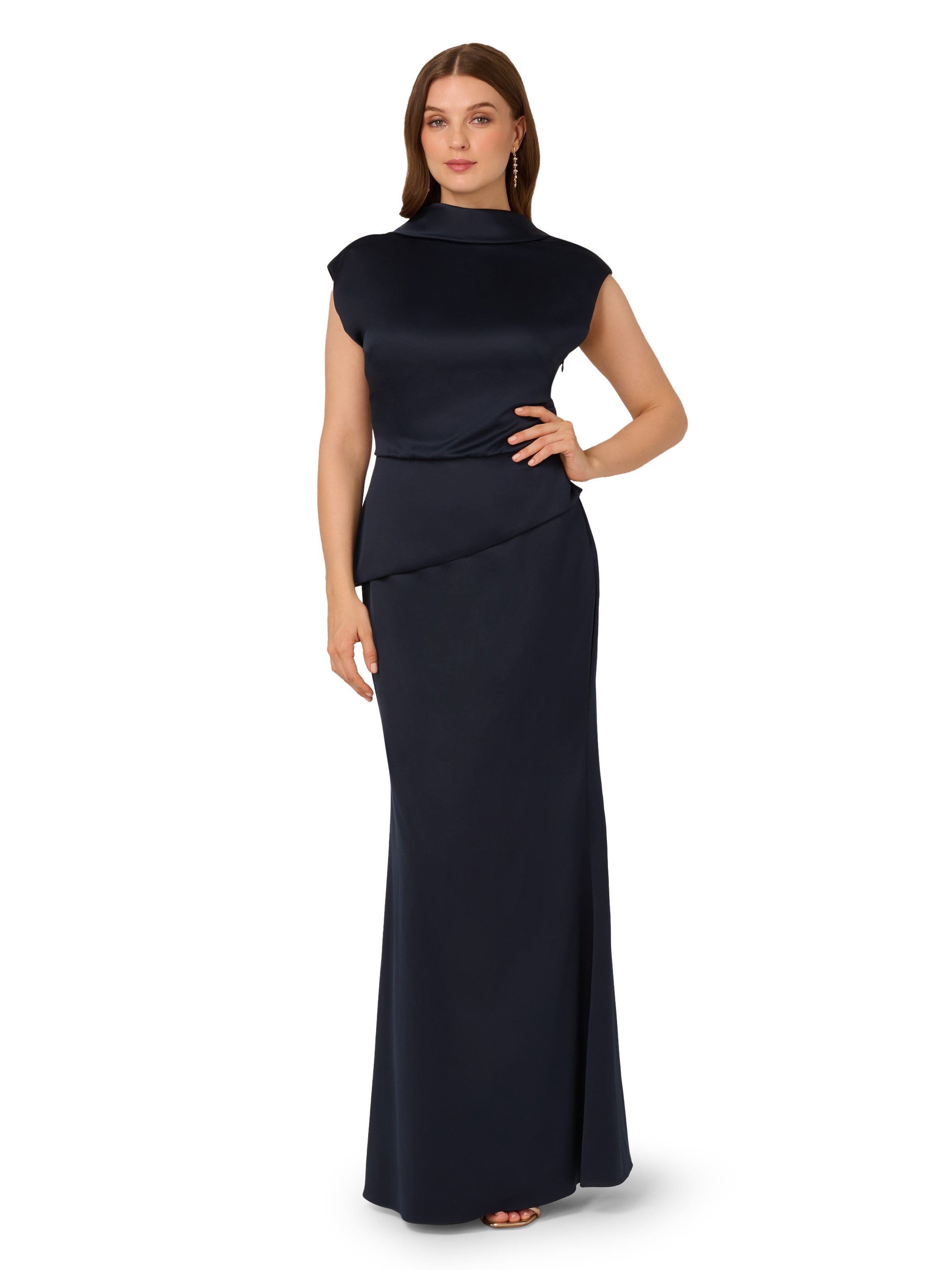 Crew/High-Neck Floor-Length Satin Formal Sheath/Column Adrianna Papell AP1E212258