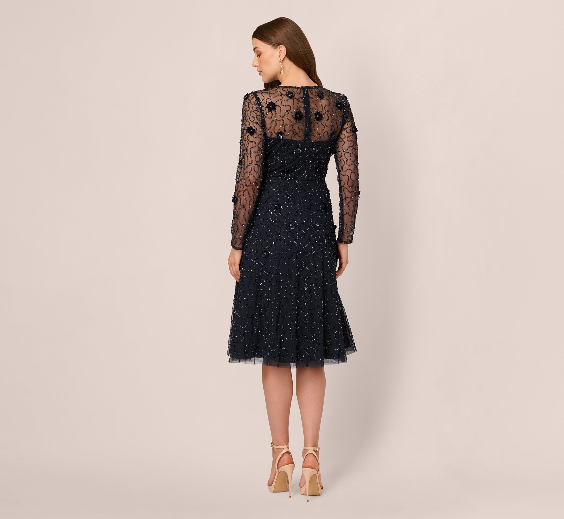 Midnight Jewel Neck Knee-Length Beaded Mesh Cocktail Dress with Long Sleeves Adrianna Papell AP1E212297